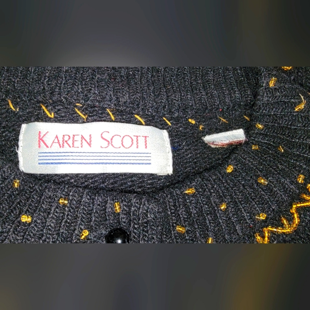 #017 Karen Scott- Black Sequined Front Button-up Sweater Cardigan- Sz. XL - Picture 4 of 14
